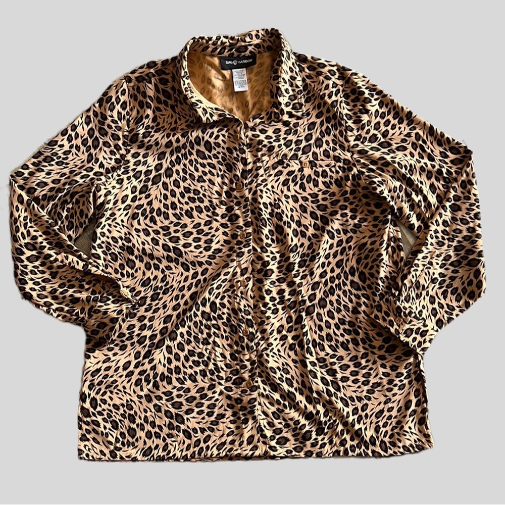 Sag Harbor Vintage Button Down Cheetah Print Blouse Women’s Sz14 Faux Suede Feel